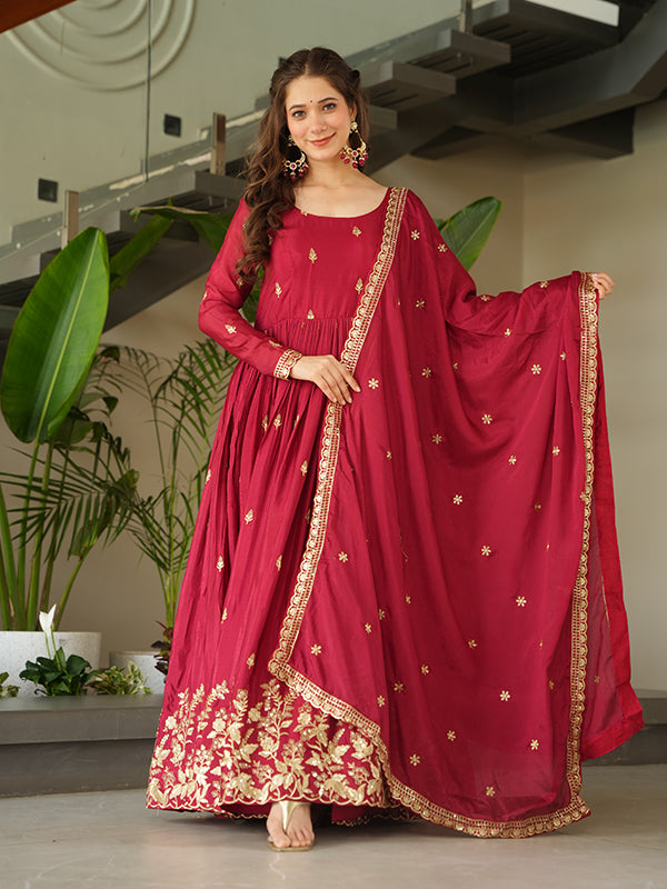 Maroon Embroidery Sequins Work Chinnon Gown With Dupatta