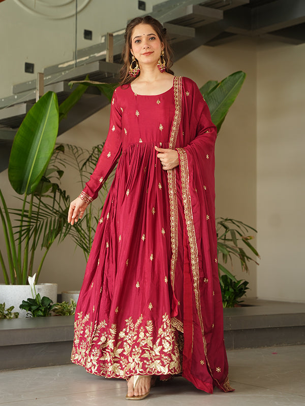 Maroon Embroidery Sequins Work Chinnon Gown With Dupatta