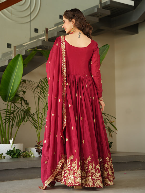 Maroon Embroidery Sequins Work Chinnon Gown With Dupatta