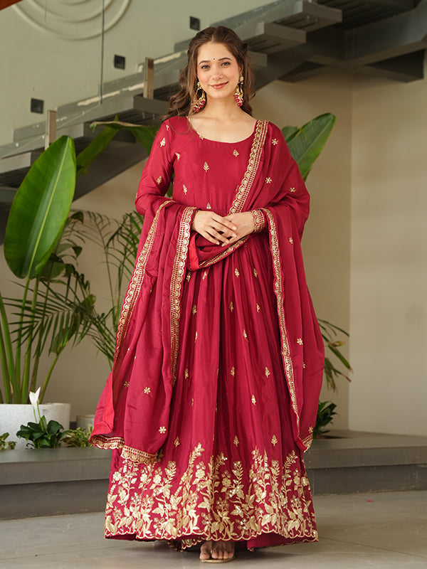 Maroon Embroidery Sequins Work Chinnon Gown With Dupatta