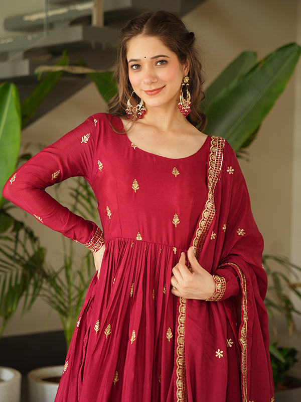 Maroon Embroidery Sequins Work Chinnon Gown With Dupatta