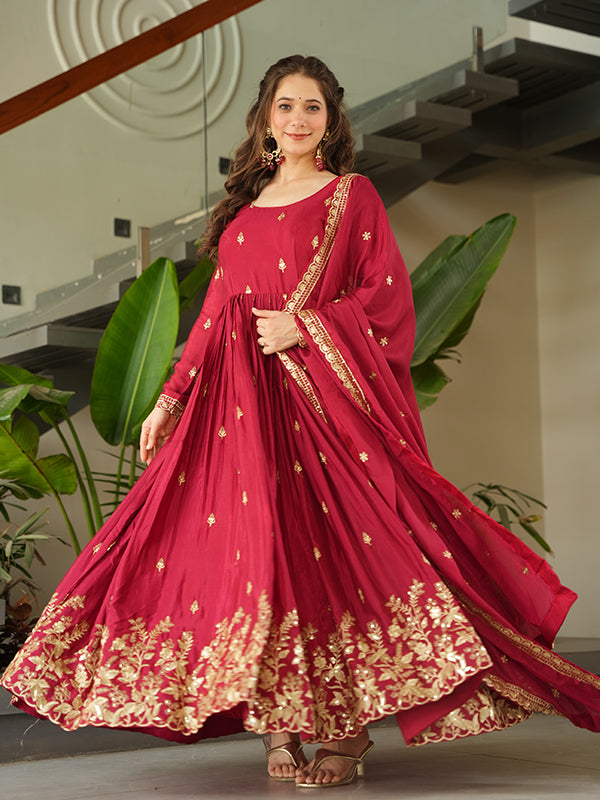 Maroon Embroidery Sequins Work Chinnon Gown With Dupatta