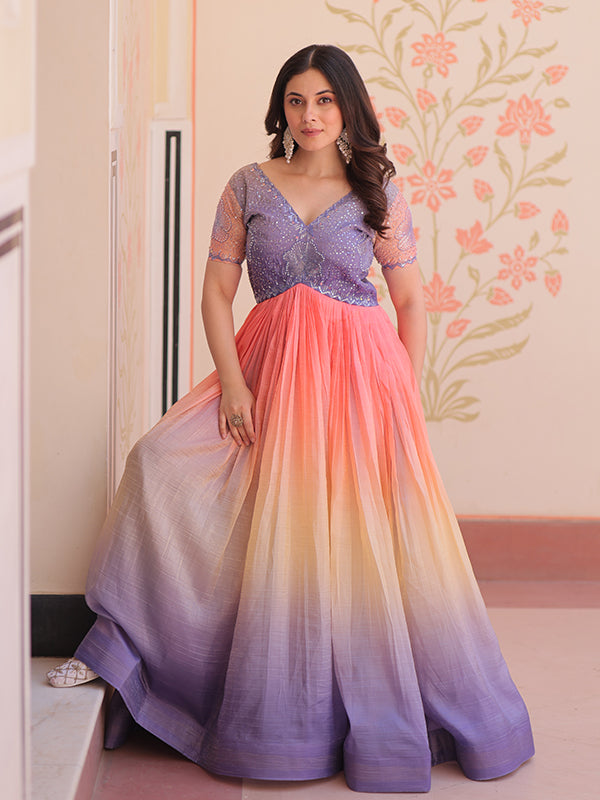 Lovender Gold Crush With Beads Embroidered Work Gown