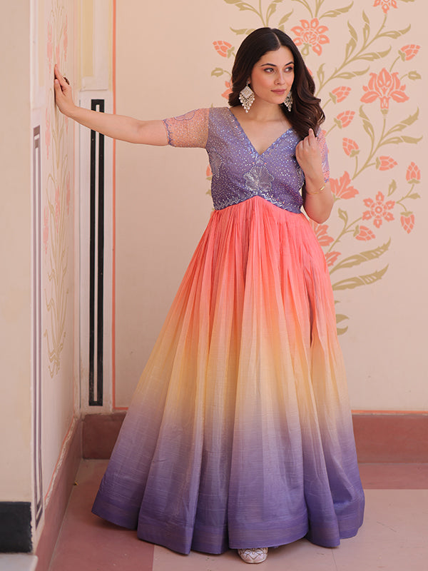 Lovender Gold Crush With Beads Embroidered Work Gown