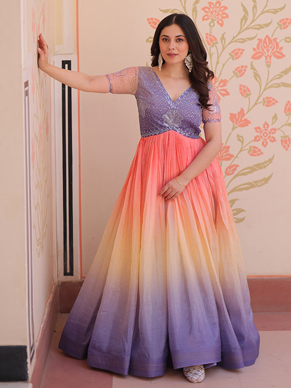 Lovender Gold Crush With Beads Embroidered Work Gown