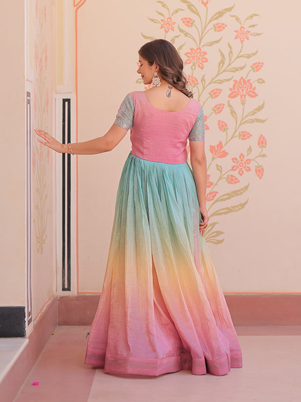 Peach Gold Crush With Beads Embroidered Work Gown