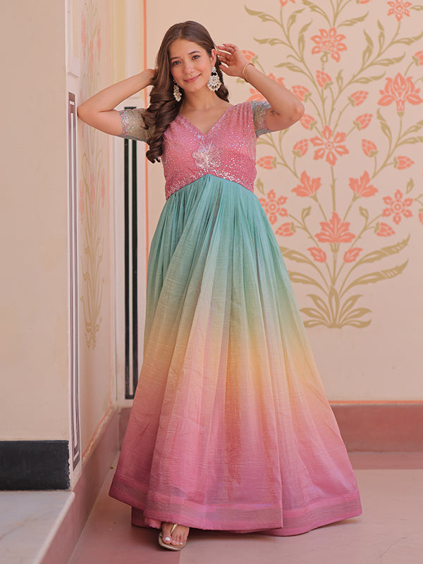 Peach Gold Crush With Beads Embroidered Work Gown