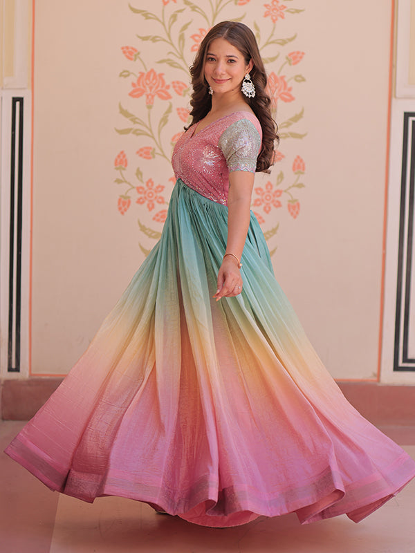 Peach Gold Crush With Beads Embroidered Work Gown