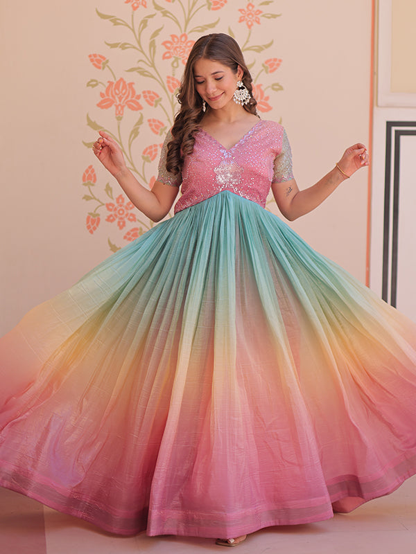 Peach Gold Crush With Beads Embroidered Work Gown