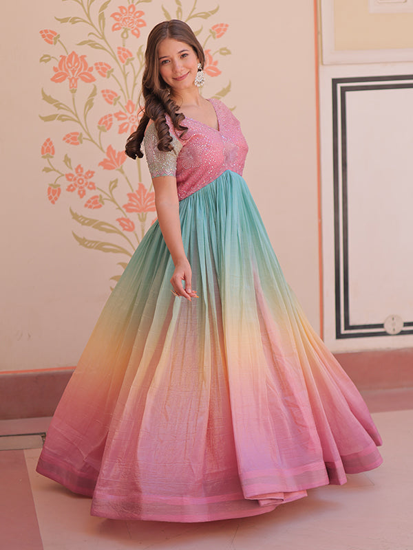 Peach Gold Crush With Beads Embroidered Work Gown