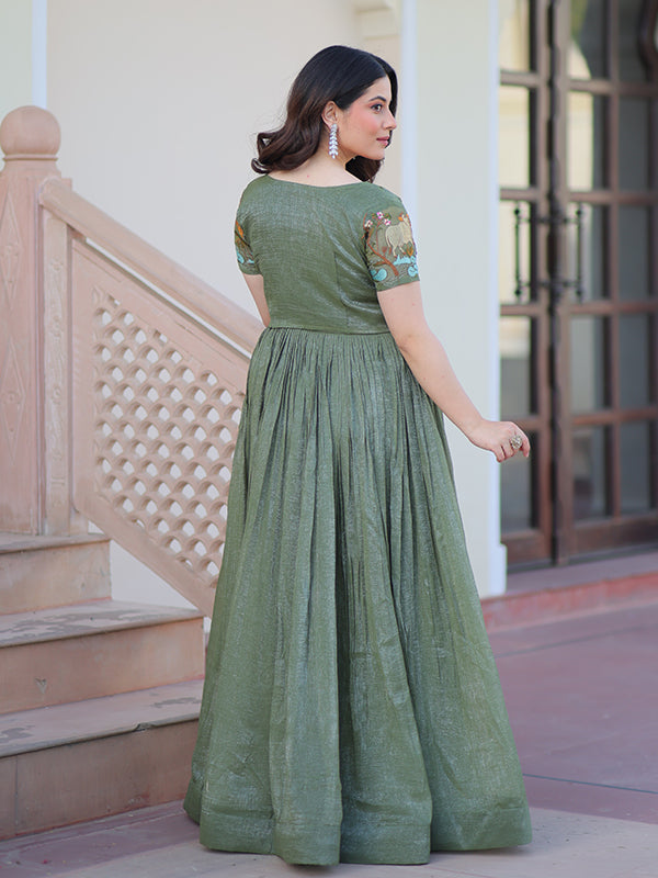 Olive Green Embroidery Work Koti With Sleeveless Gown