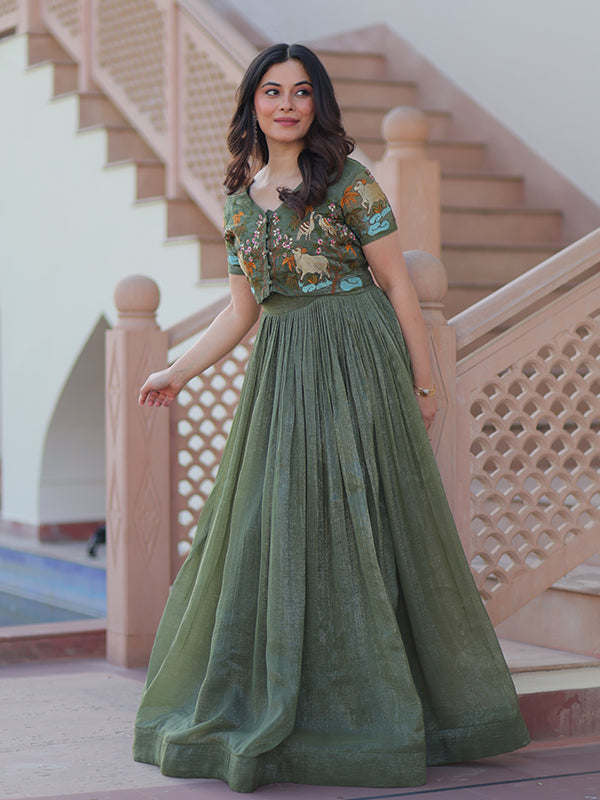 Olive Green Embroidery Work Koti With Sleeveless Gown