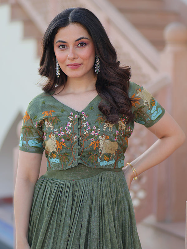Olive Green Embroidery Work Koti With Sleeveless Gown
