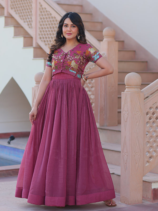 Onion Pink Embroidery Work Koti With Sleeveless Gown