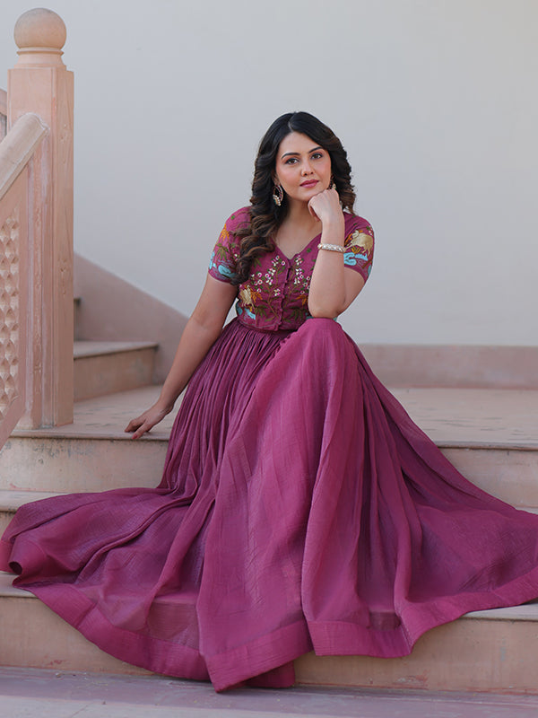 Onion Pink Embroidery Work Koti With Sleeveless Gown