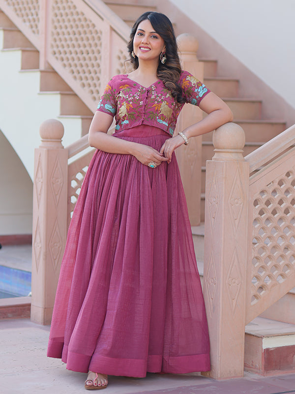 Onion Pink Embroidery Work Koti With Sleeveless Gown