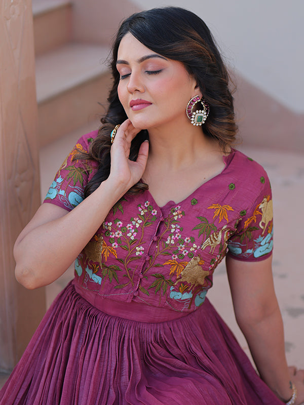 Onion Pink Embroidery Work Koti With Sleeveless Gown