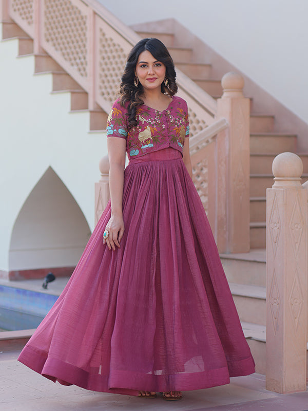 Onion Pink Embroidery Work Koti With Sleeveless Gown