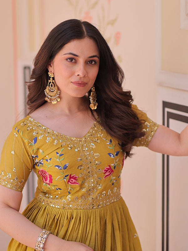 Yellow Faux Blooming With Multithreaded Sequins Gown
