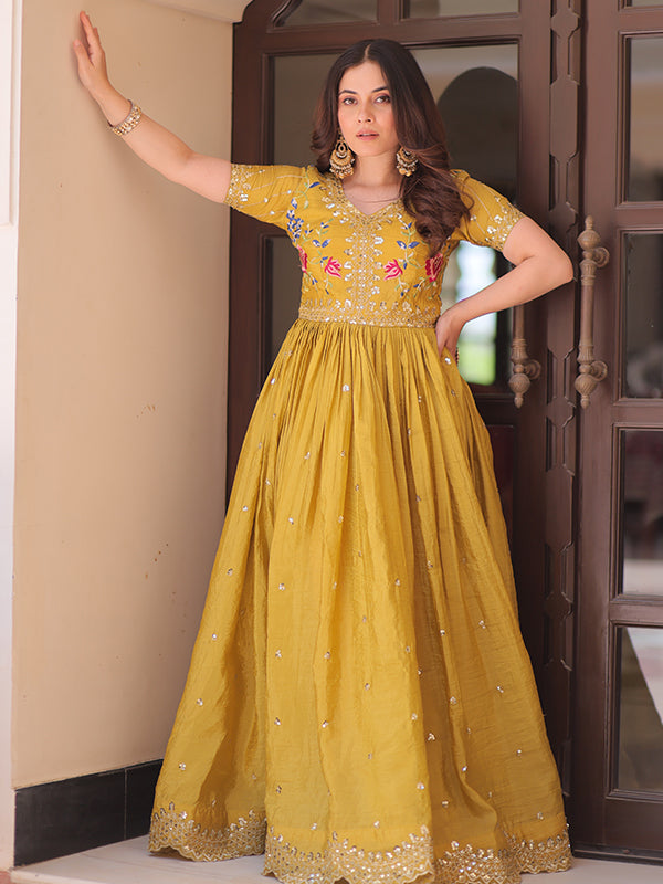 Yellow Faux Blooming With Multithreaded Sequins Gown