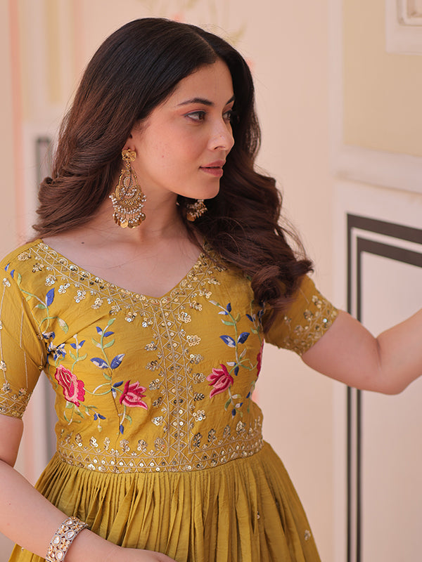 Yellow Faux Blooming With Multithreaded Sequins Gown