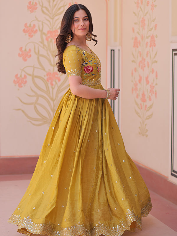 Yellow Faux Blooming With Multithreaded Sequins Gown
