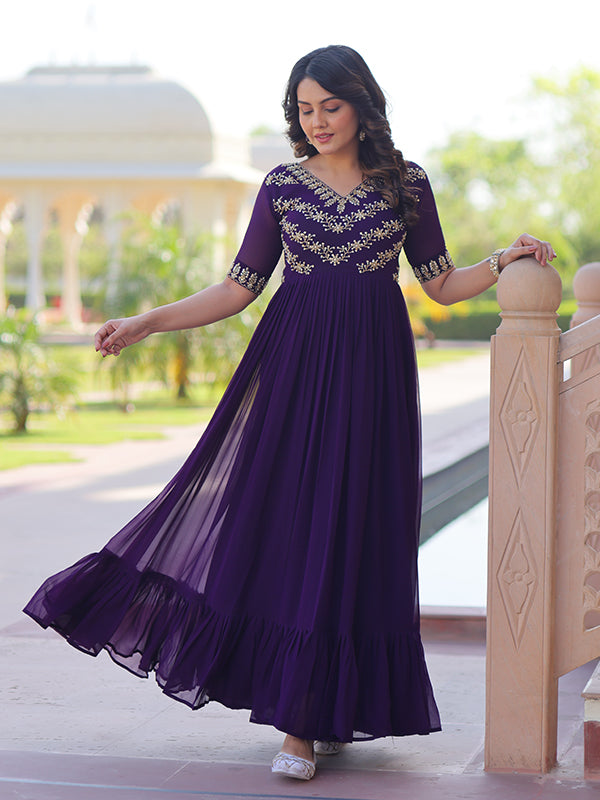 Purple Sequins Multithreaded Beads Work Georgette Gown