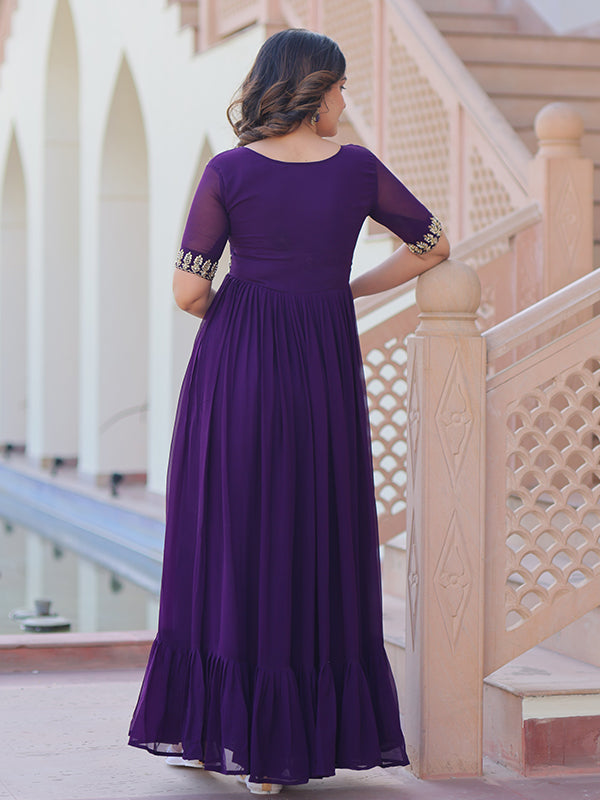 Purple Sequins Multithreaded Beads Work Georgette Gown