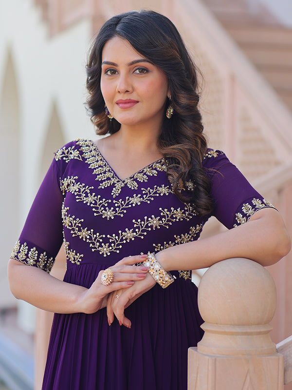 Purple Sequins Multithreaded Beads Work Georgette Gown