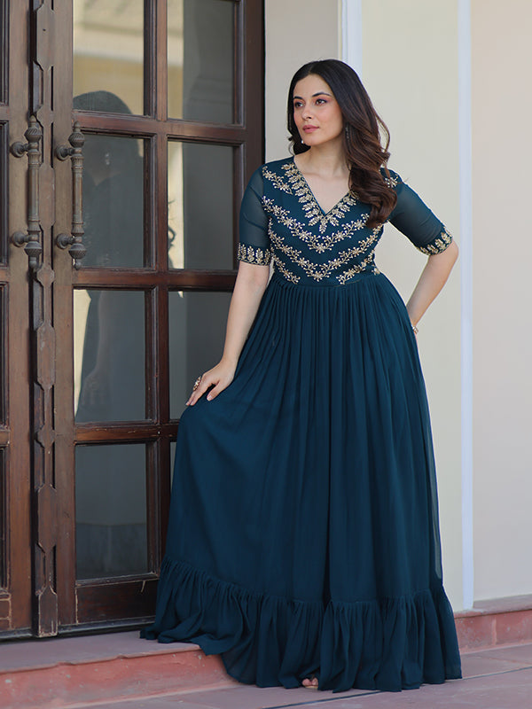 Rama Blue Sequins Multithreaded Beads Work Georgette Gown