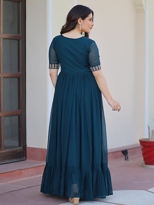 Rama Blue Sequins Multithreaded Beads Work Georgette Gown