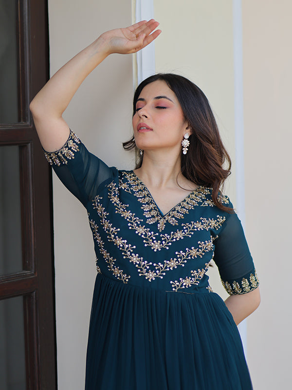 Rama Blue Sequins Multithreaded Beads Work Georgette Gown