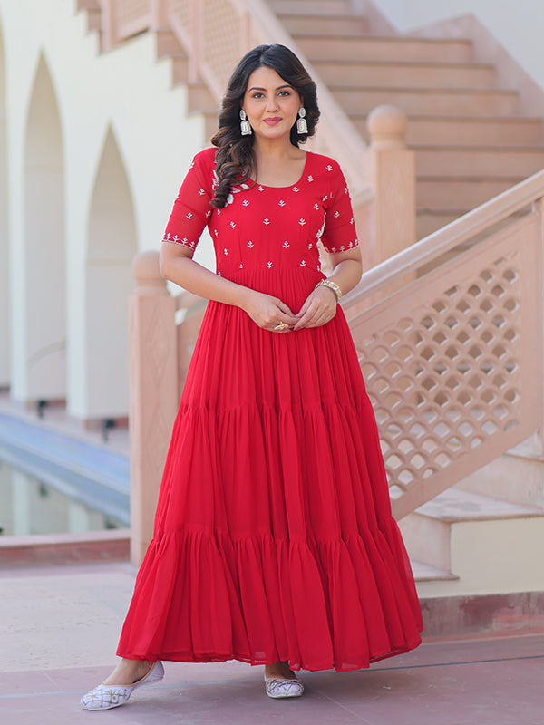Red Faux Blooming Beads Embroidery Work Gown
