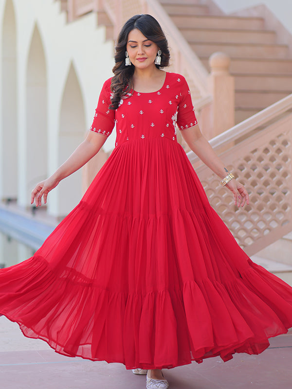 Red Faux Blooming Beads Embroidery Work Gown