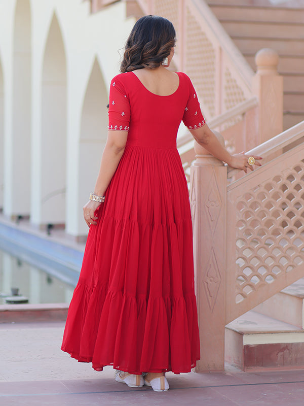 Red Faux Blooming Beads Embroidery Work Gown