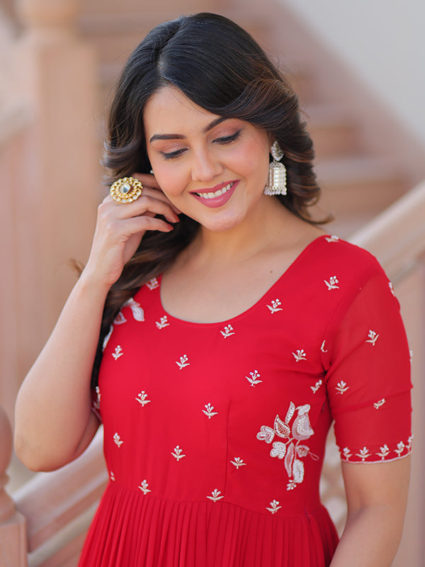 Red Faux Blooming Beads Embroidery Work Gown