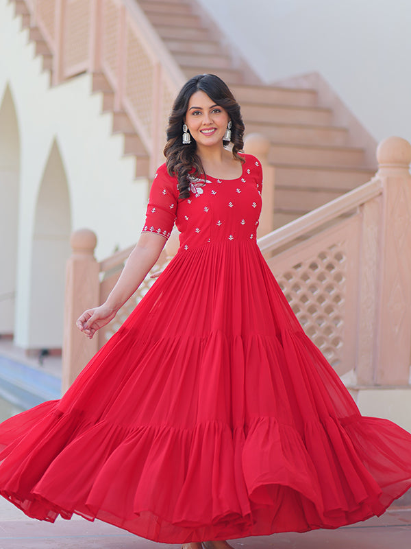 Red Faux Blooming Beads Embroidery Work Gown
