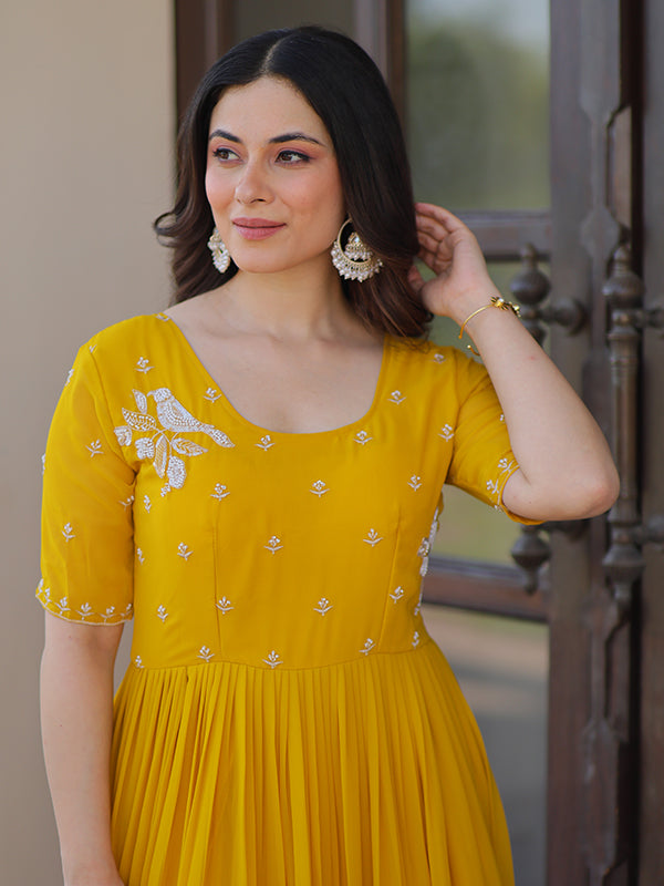 Yellow Faux Blooming Beads Embroidery Work Gown