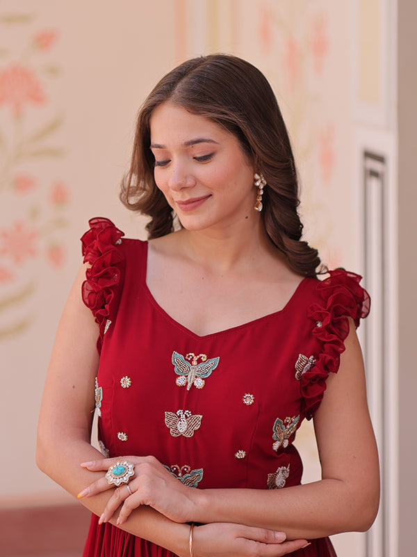 Maroon Faux Blooming With Multithreaded Sequins Gown