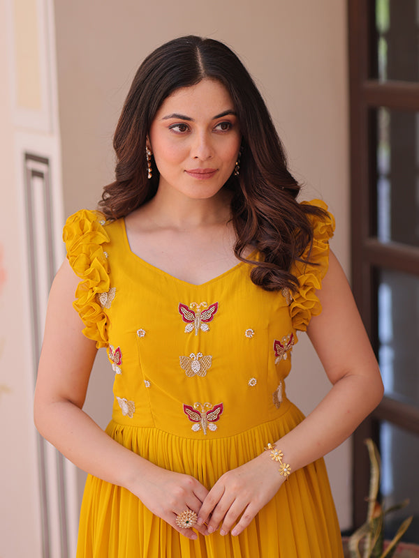 Yellow Faux Blooming With Multithreaded Sequins Gown