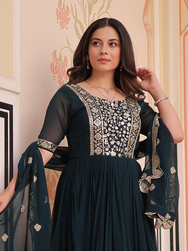 Rama Embroidery Zari Sequins Work Georgette Gown With Dupatta