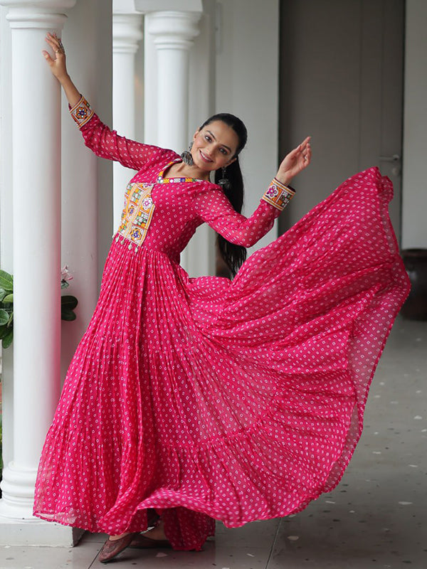 Pink Bandhani Printed kutchi Patch Work Gown
