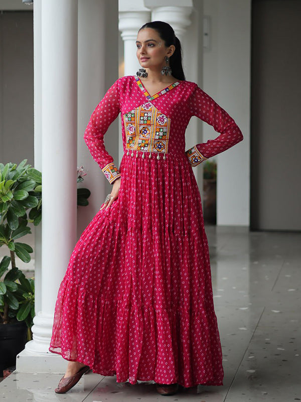 Pink Bandhani Printed kutchi Patch Work Gown