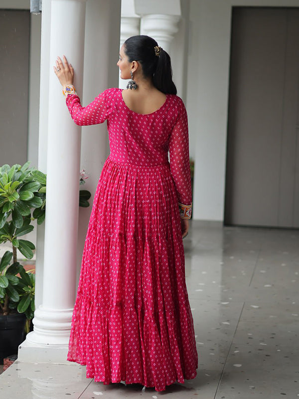 Pink Bandhani Printed kutchi Patch Work Gown