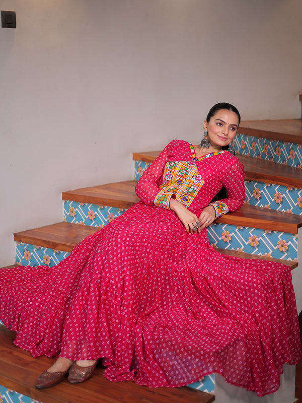 Pink Bandhani Printed kutchi Patch Work Gown