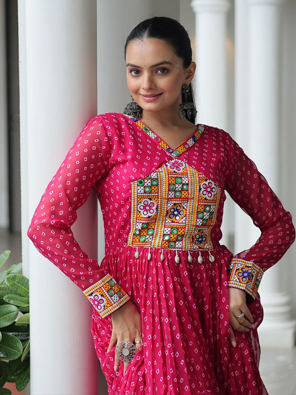 Pink Bandhani Printed kutchi Patch Work Gown