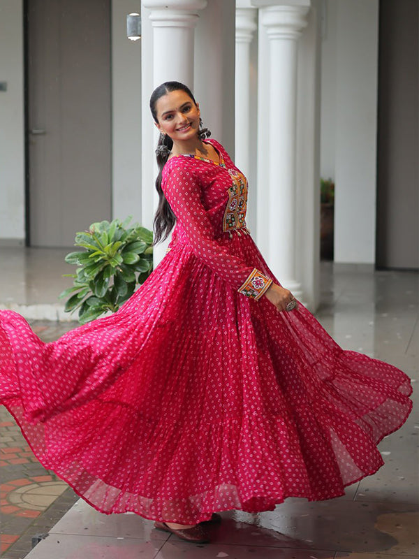 Pink Bandhani Printed kutchi Patch Work Gown