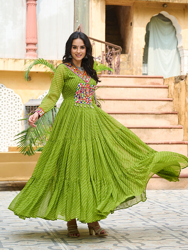 Parrot Green Laheriya Printed kutchi Patch Work Georgette Gown