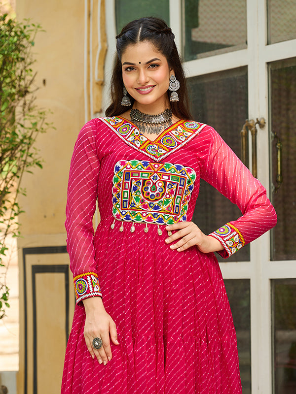 Pink Laheriya Printed kutchi Patch Work Georgette Gown