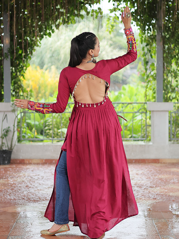 Maroon Kutchi Gamthi Work Rayon Long Kurti